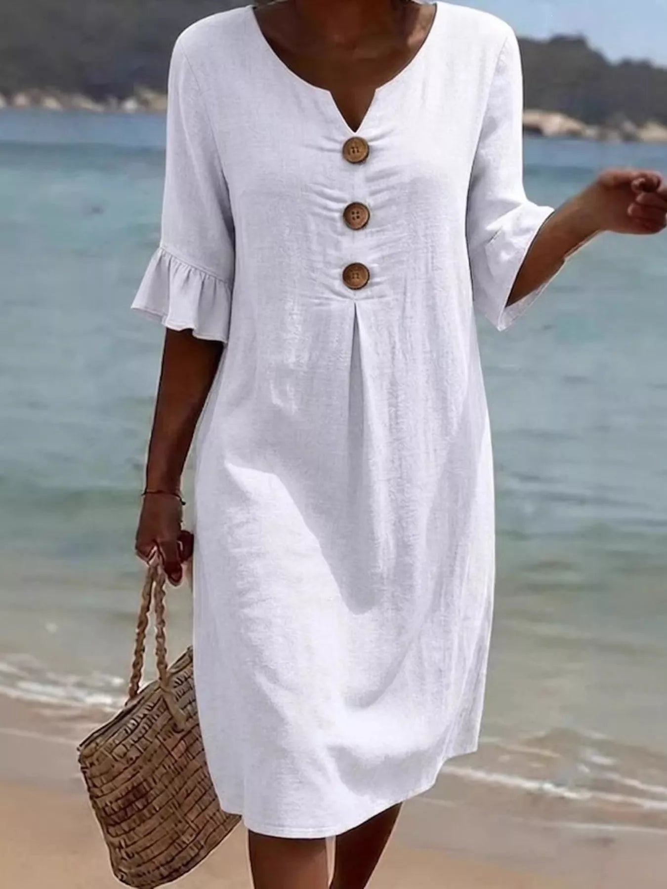 Full Size Button Decor Flounce Sleeve Cotton Linen Dress Plus Size