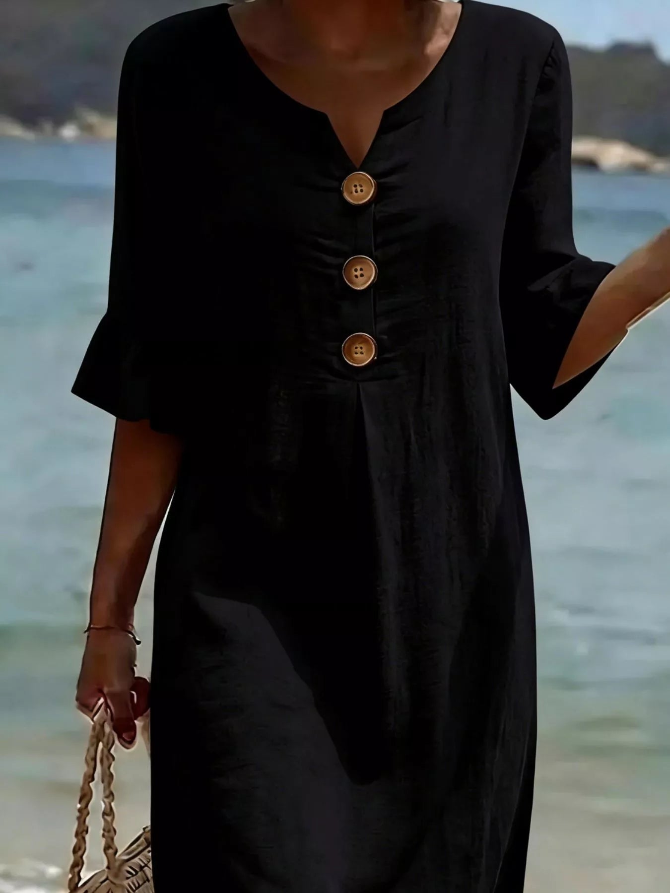 Full Size Button Decor Flounce Sleeve Cotton Linen Dress Plus Size