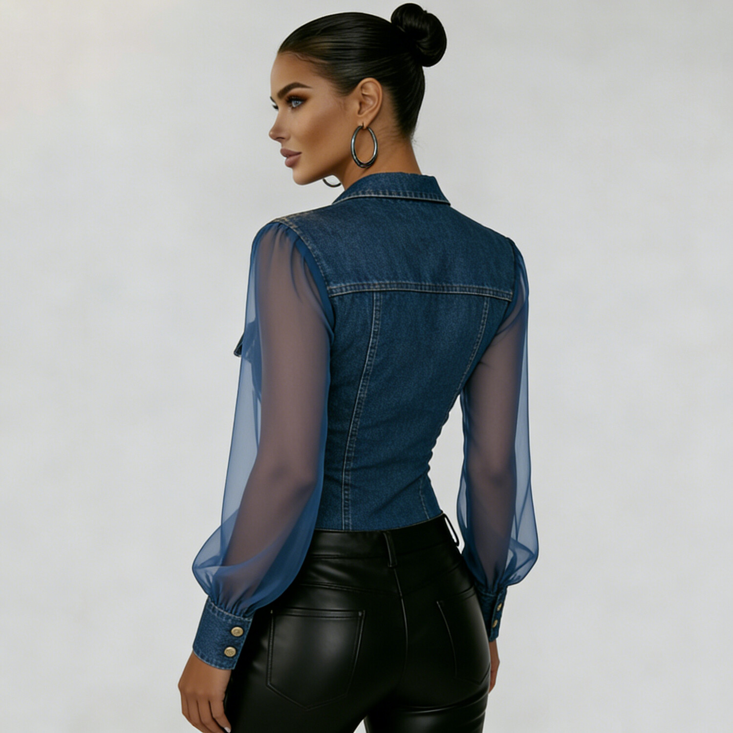 Women's Casual Denim Patchwork Chiffon See Through Button Pocket Long Sleeve Blouse