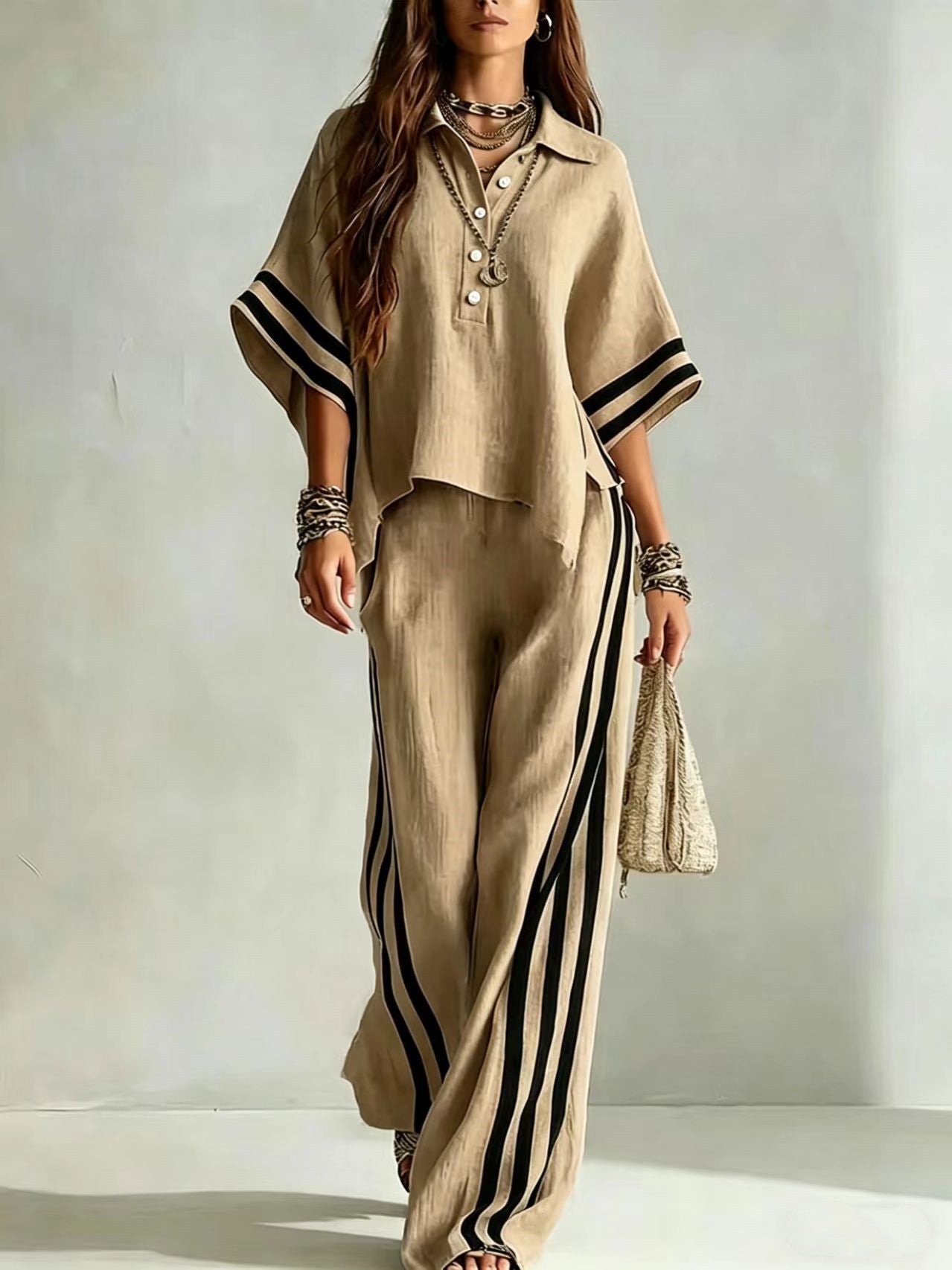 Womens Cotton Linen Short-Sleeve Shirt And Loose Pants Two-Piece Set
