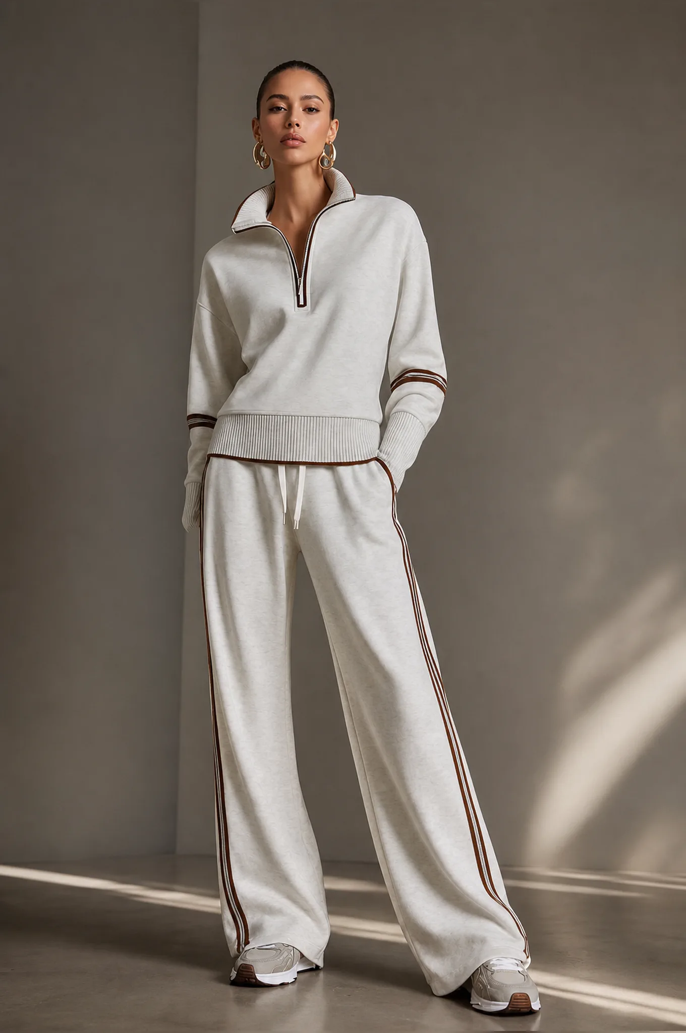 Woman wearing a coordinated neutral lounge set