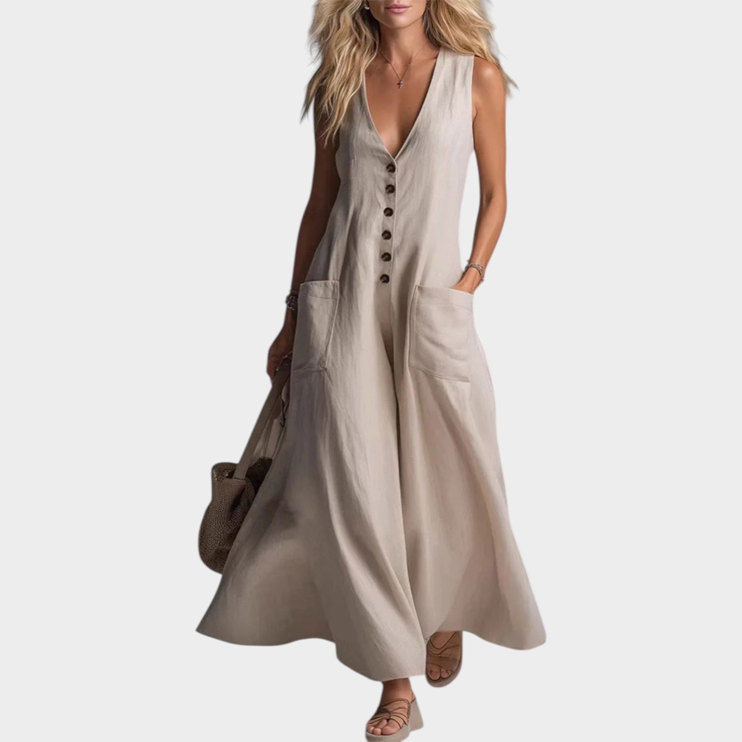 Sleeveless Button-Front Maxi Dress
