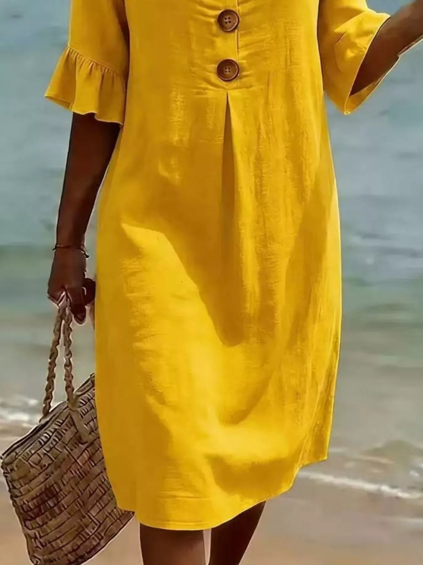 Full Size Button Decor Flounce Sleeve Cotton Linen Dress Plus Size