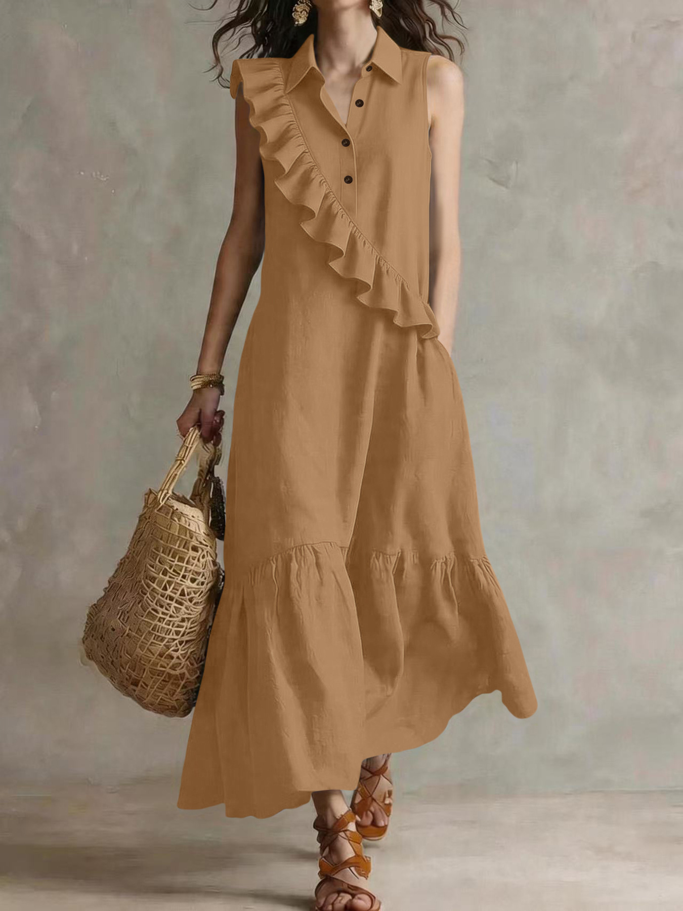 Retro Sleeveless Polo-Collar Ruffled Linen Maxi Dress