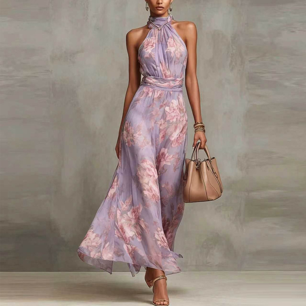 Floral Chiffon Halter Maxi Dress