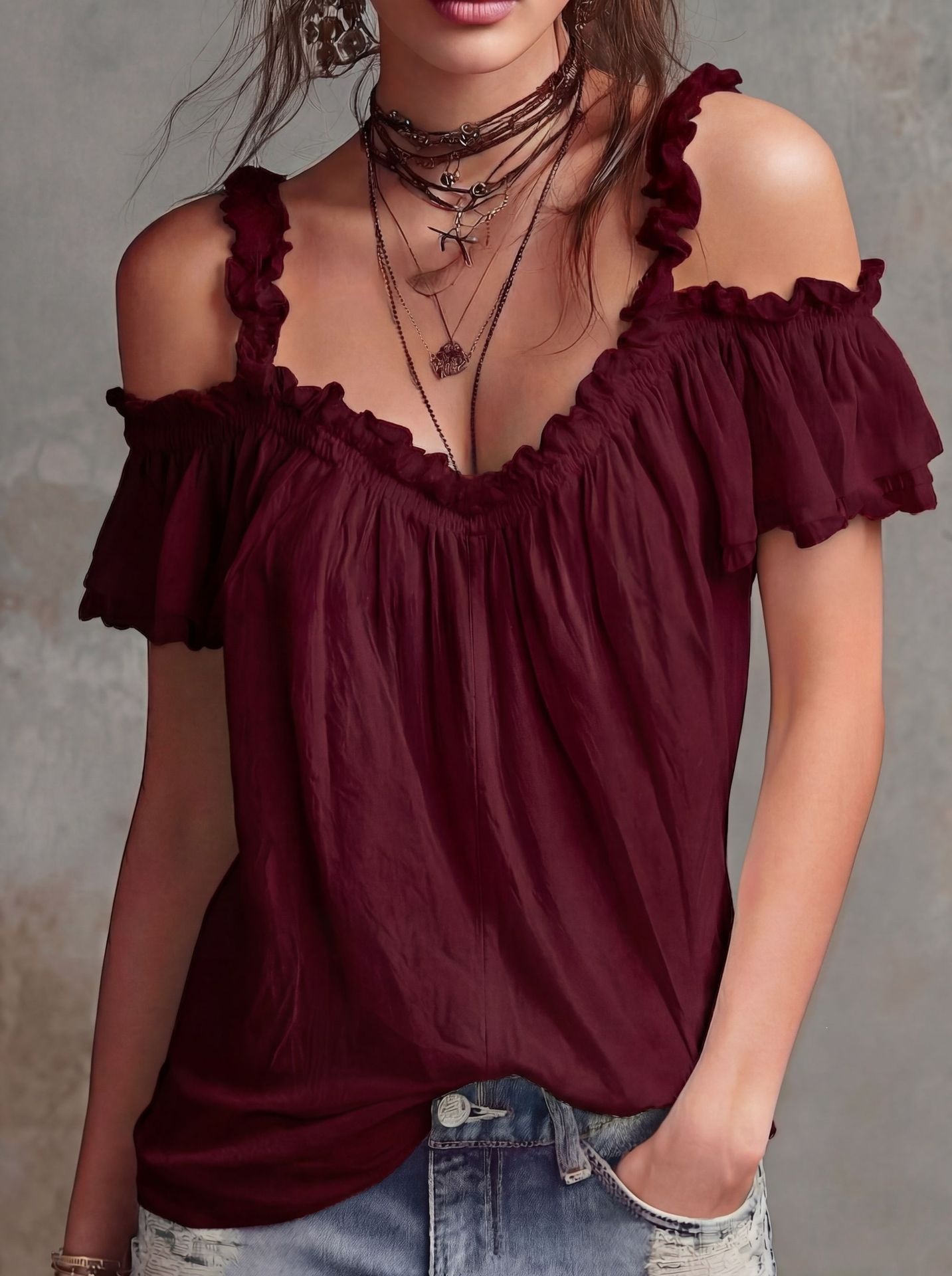 Spring Solid Color Cotton Linen Ruffle Collar Spaghetti Strap Top