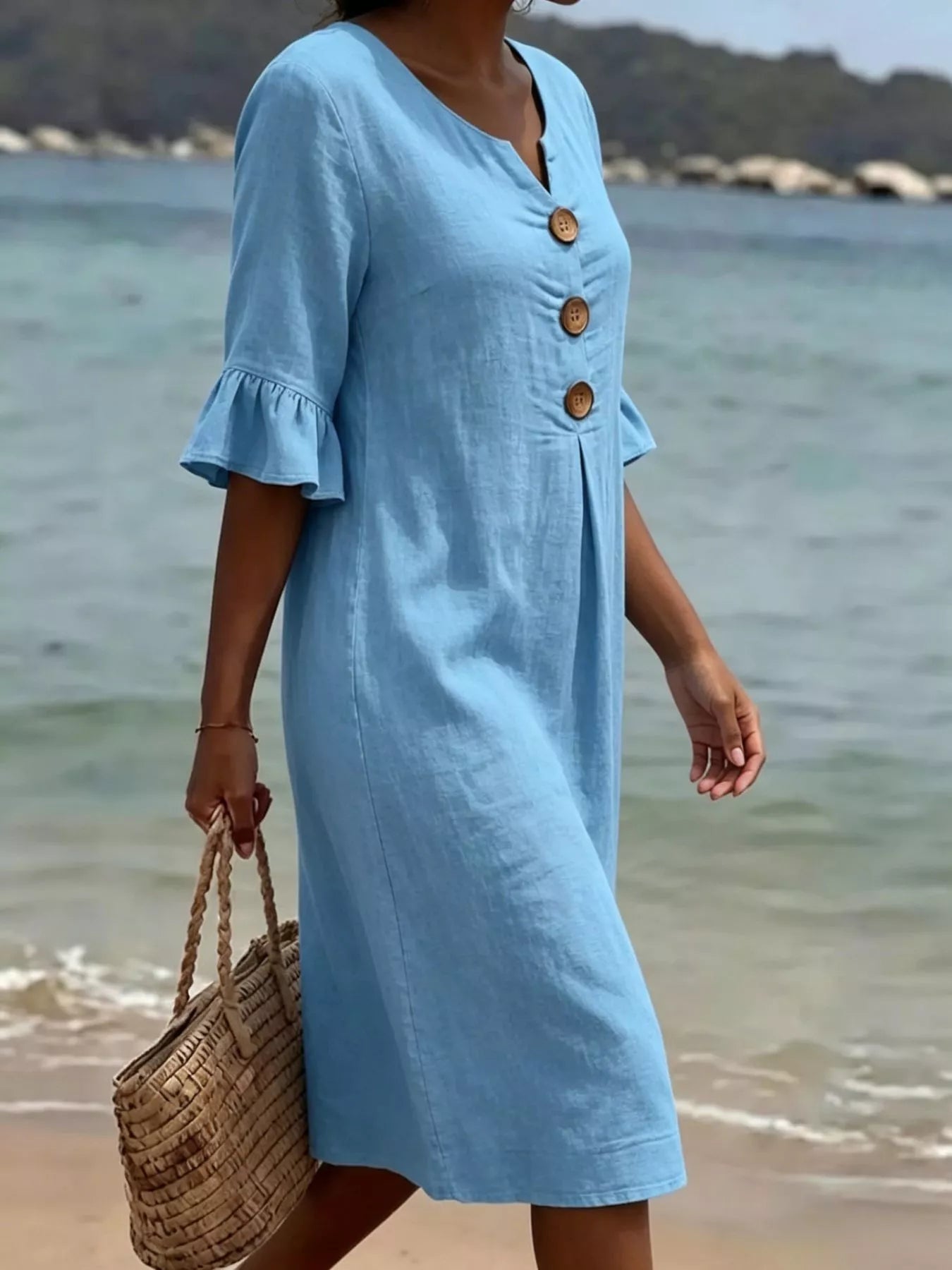Full Size Button Decor Flounce Sleeve Cotton Linen Dress Plus Size