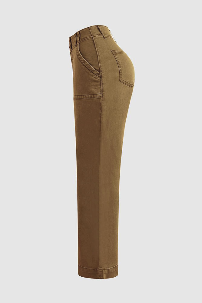 Double Button Mid Waist Straight Leg Pants