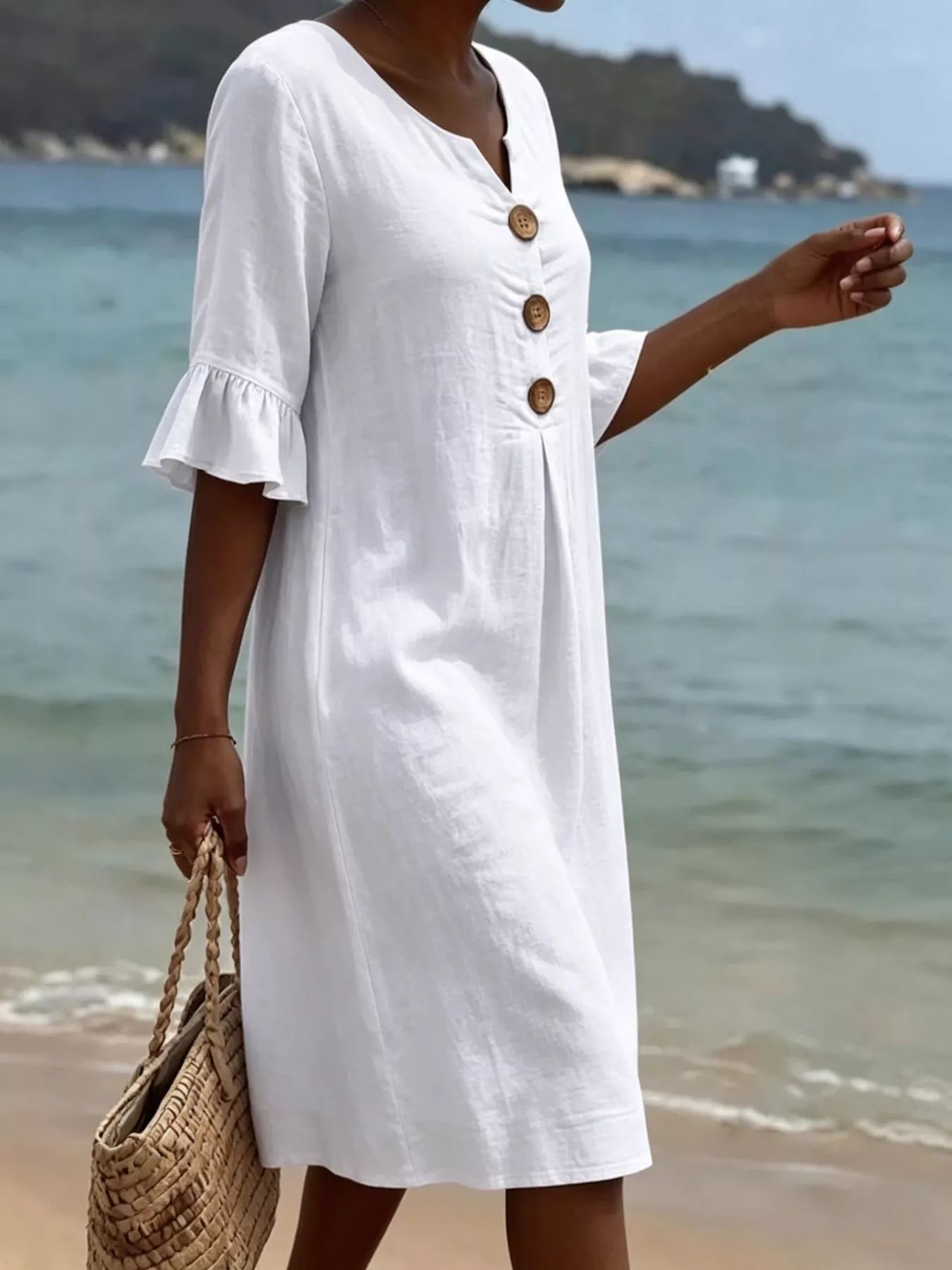 Full Size Button Decor Flounce Sleeve Cotton Linen Dress Plus Size