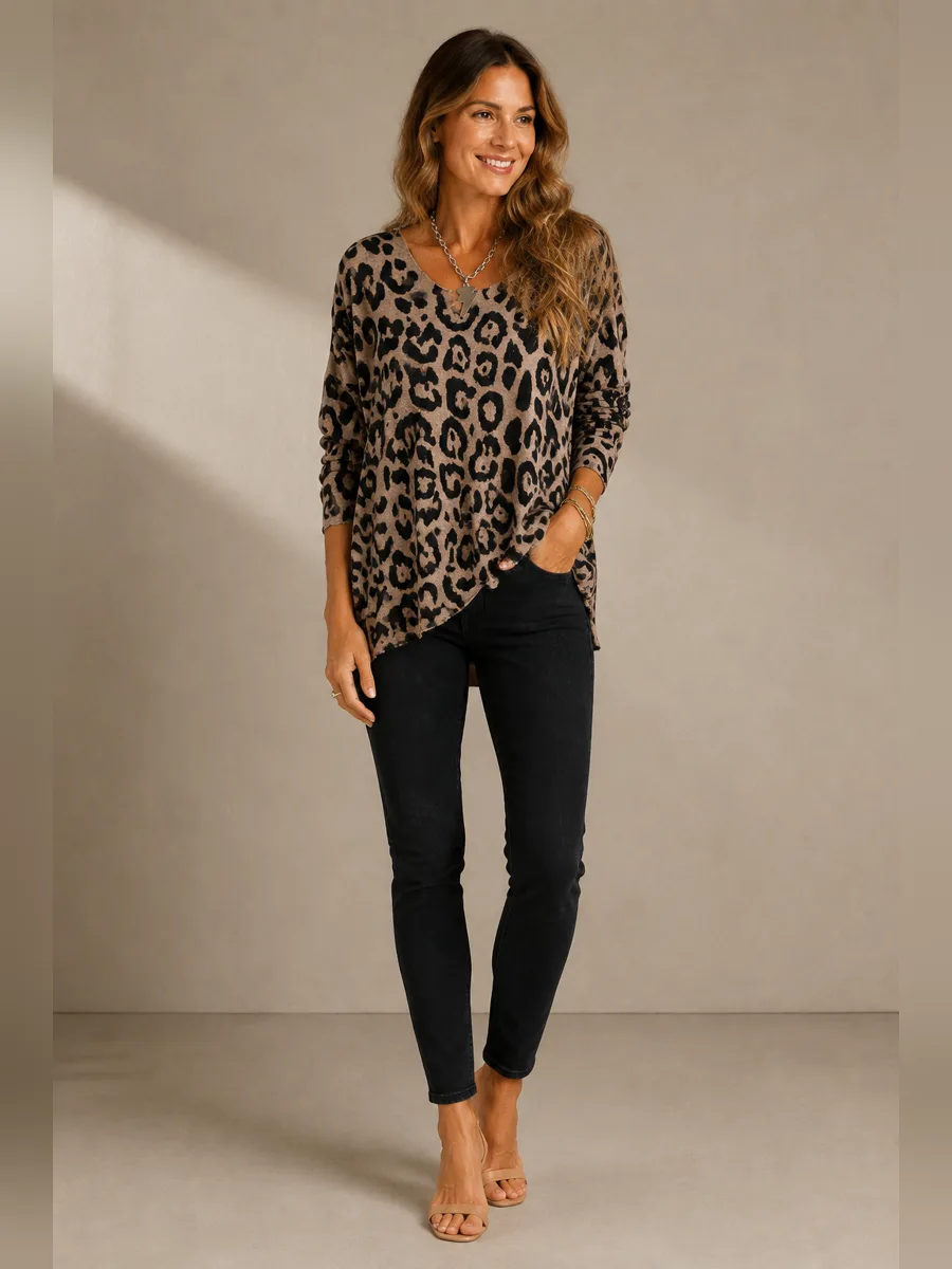 Women's V-Neck Leopard Casual Loose Sweater