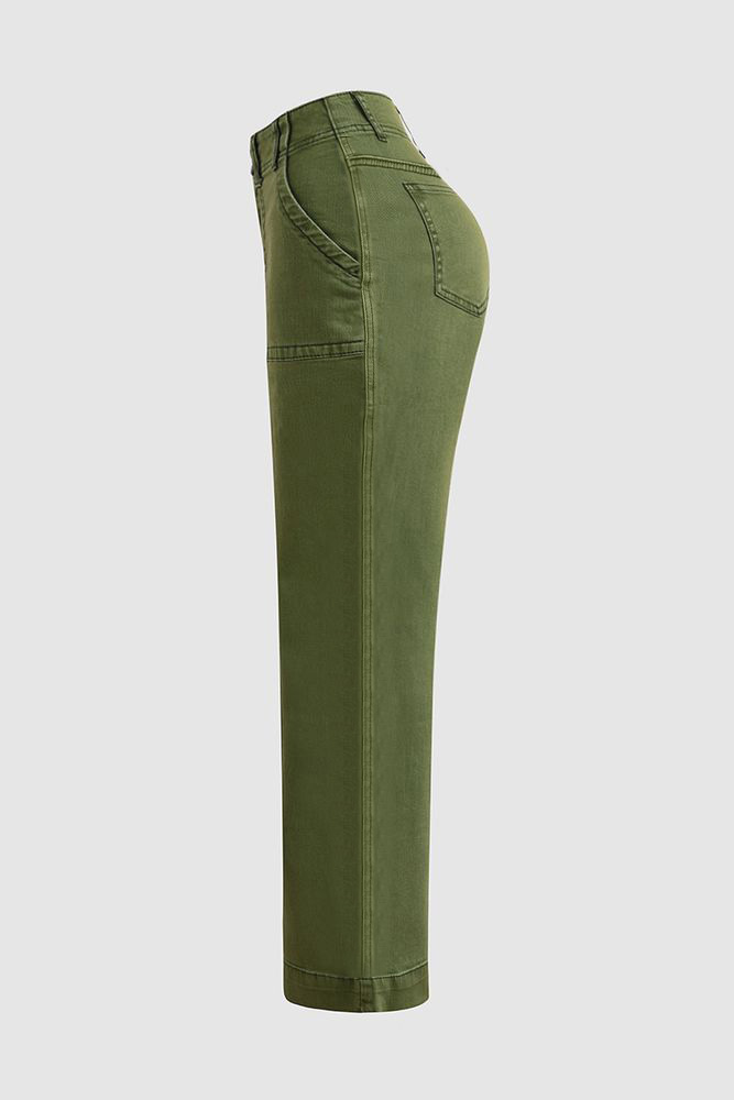 Double Button Mid Waist Straight Leg Pants