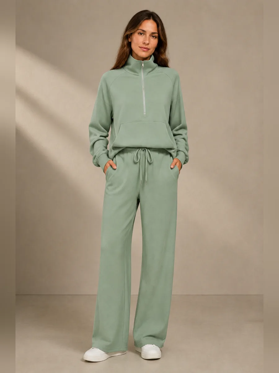 CLEARANCE SALE🔥 Women's Solid Color Cotton Half Zip Two-Piece Set
