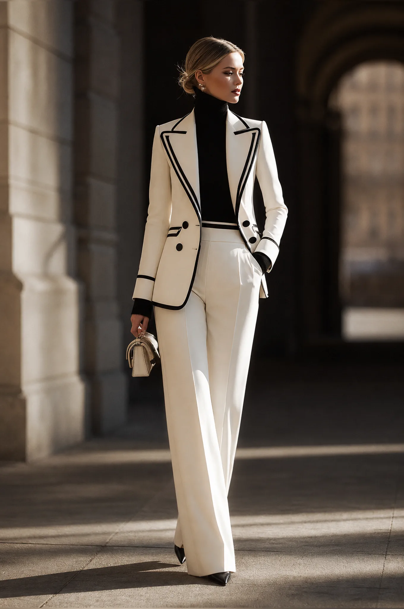 Woman wearing a light neutral tailored suit