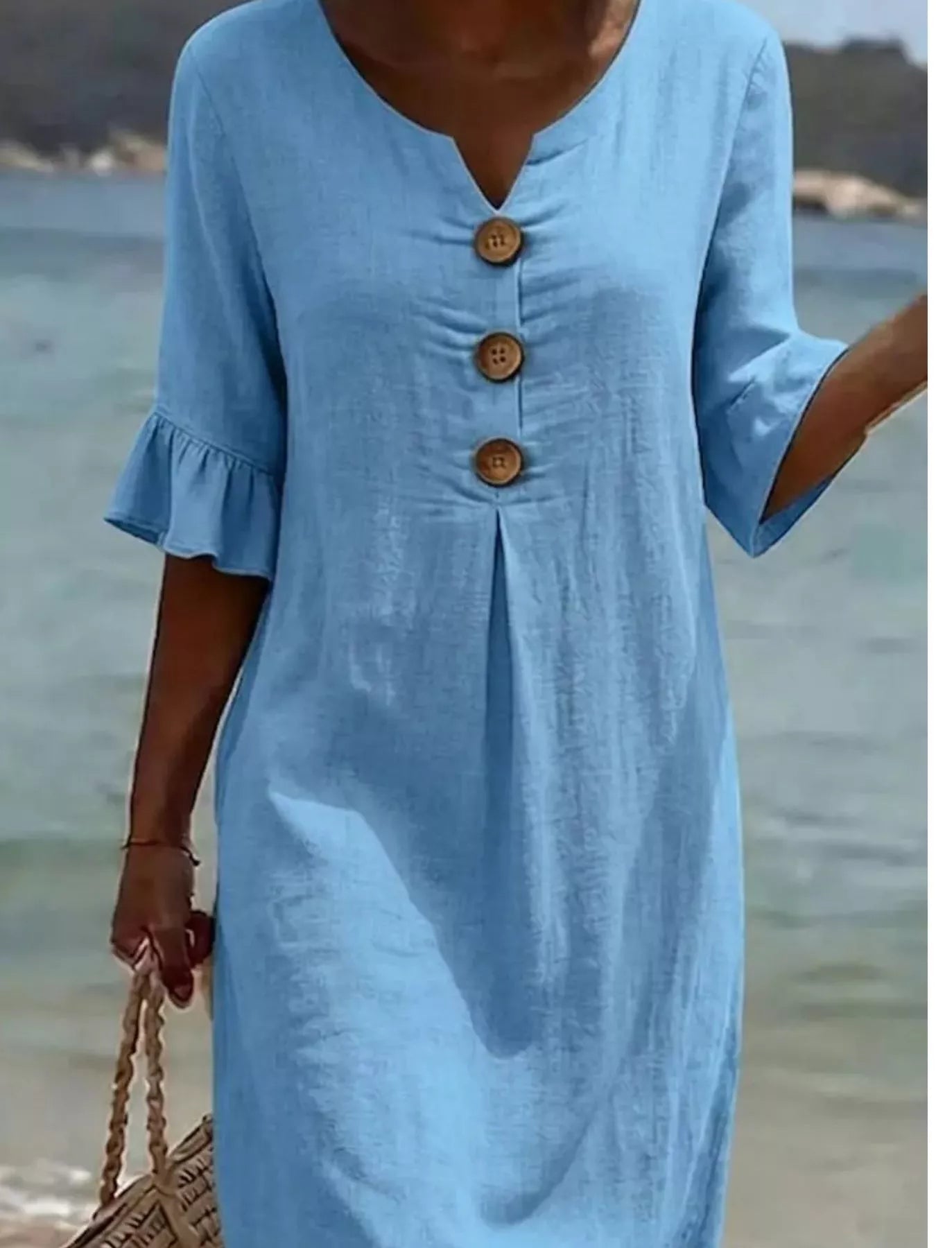 Full Size Button Decor Flounce Sleeve Cotton Linen Dress Plus Size