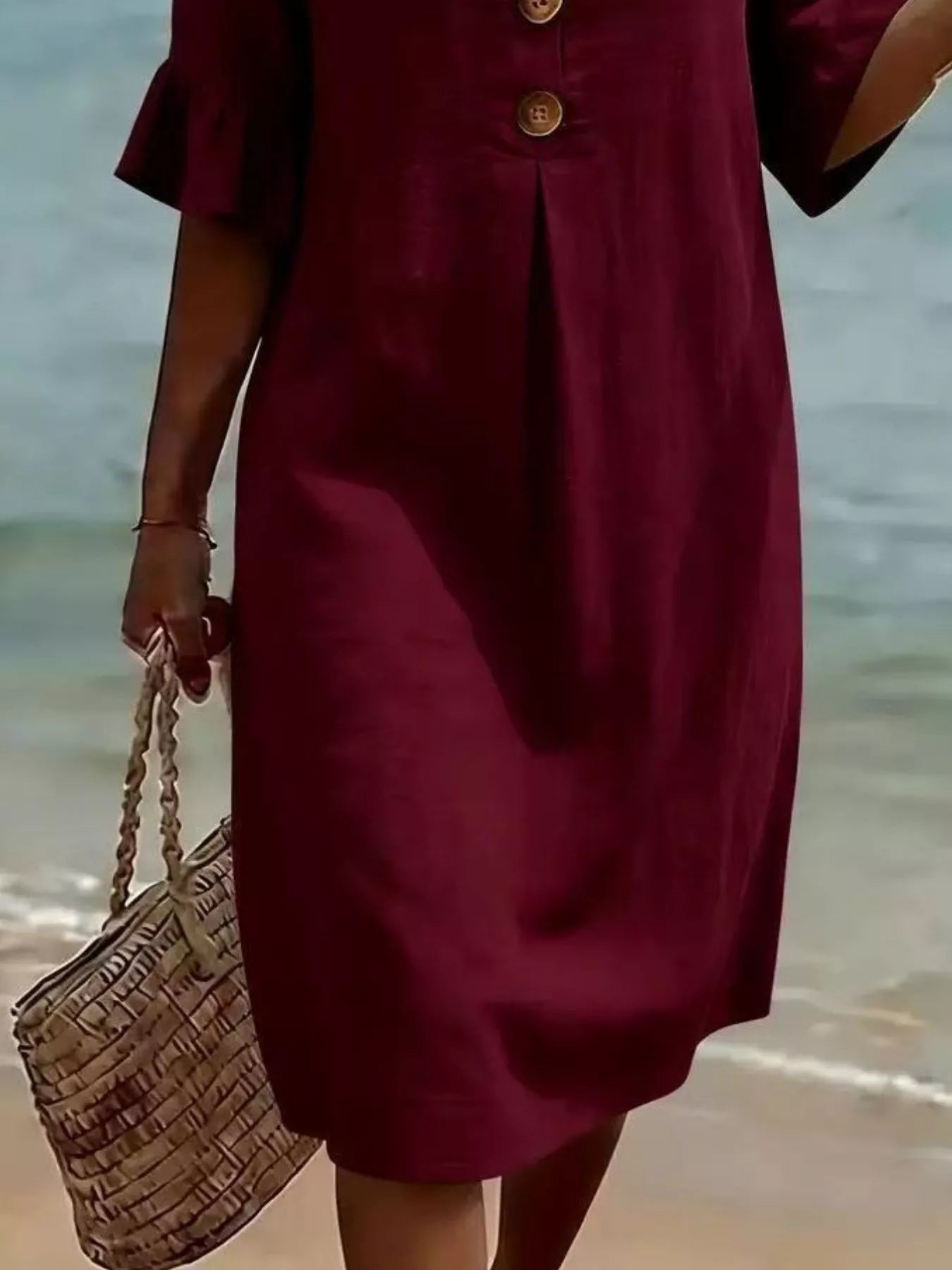 Full Size Button Decor Flounce Sleeve Cotton Linen Dress Plus Size