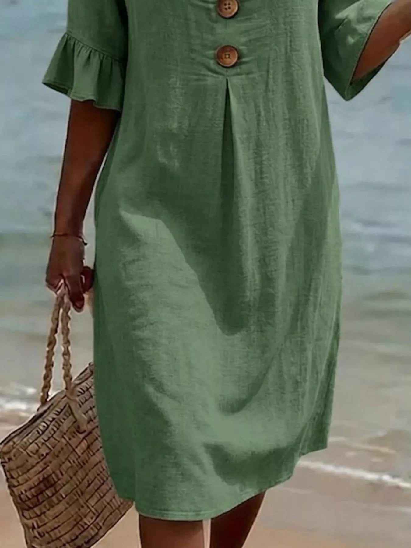 Full Size Button Decor Flounce Sleeve Cotton Linen Dress Plus Size