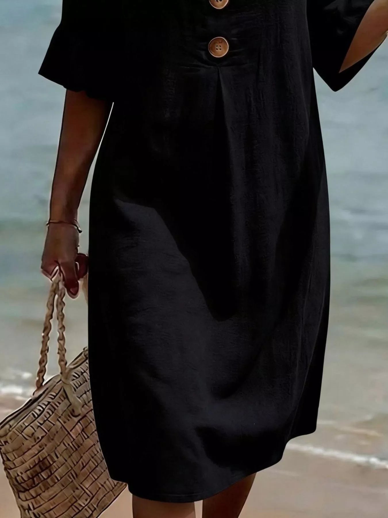 Full Size Button Decor Flounce Sleeve Cotton Linen Dress Plus Size