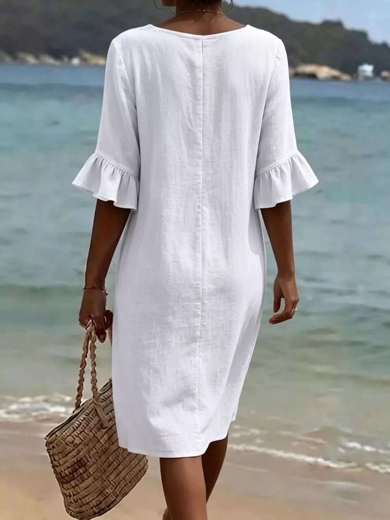 Full Size Button Decor Flounce Sleeve Cotton Linen Dress Plus Size