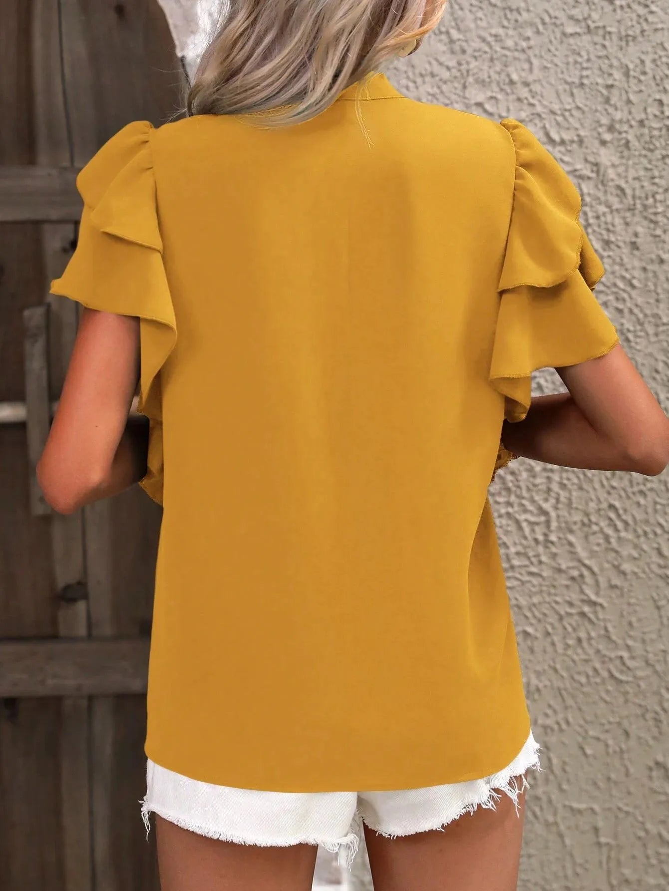 Ruffle Sleeve Notched Blouse