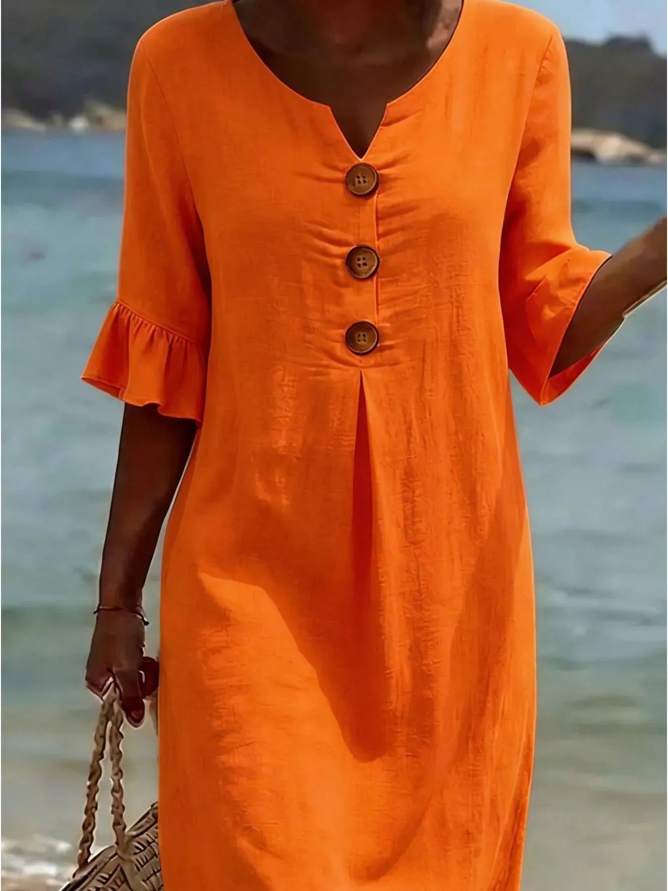 Full Size Button Decor Flounce Sleeve Cotton Linen Dress Plus Size