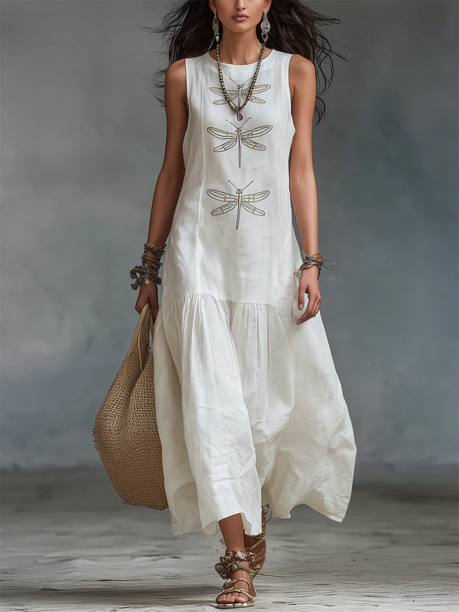 Retro Boho Dragonfly-print Cotton-linen Maxi Dress