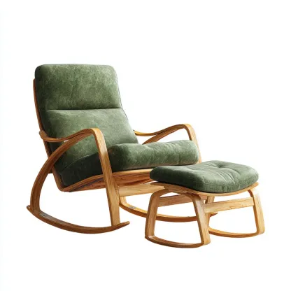 Schaukelstuhl Set 90x75x95 cm mit Fußhocker 50x35x40 cm Holzrahmen Grüne Polsterung - Bequeme Relaxfunktion