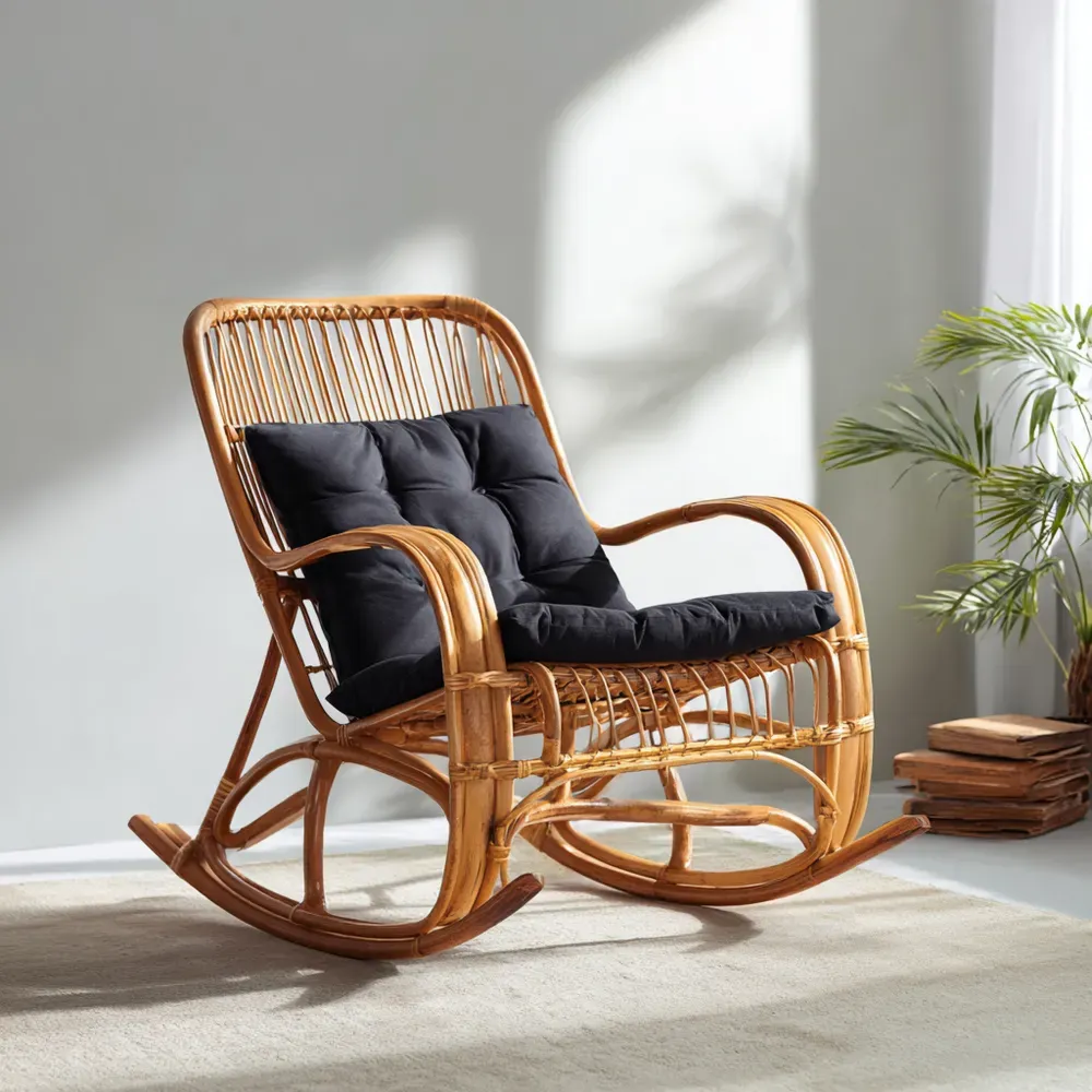 Schaukelstuhl aus Rattan 60x100x90 cm – Moderner Stil mit Schwarzen Kissen-Livornestx