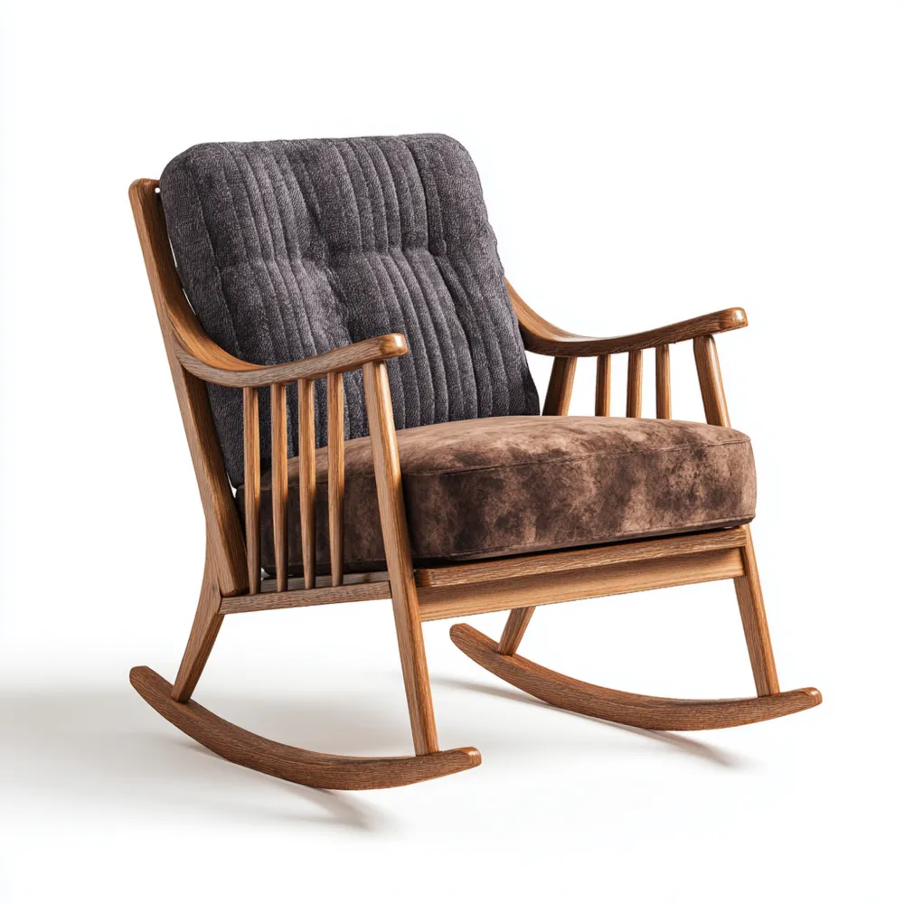 Schaukelstuhl 60x50x95 cm Holzrahmen Stoffkissen Braun/Grau – Modernes Design-Livornestx