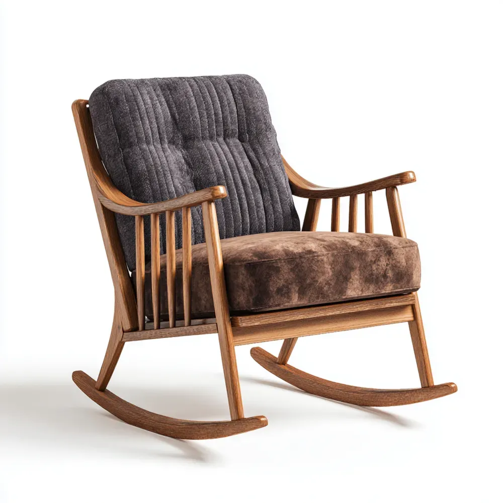 Schaukelstuhl 60x50x95 cm Holzrahmen Stoffkissen Braun/Grau – Modernes Design-Livornestx