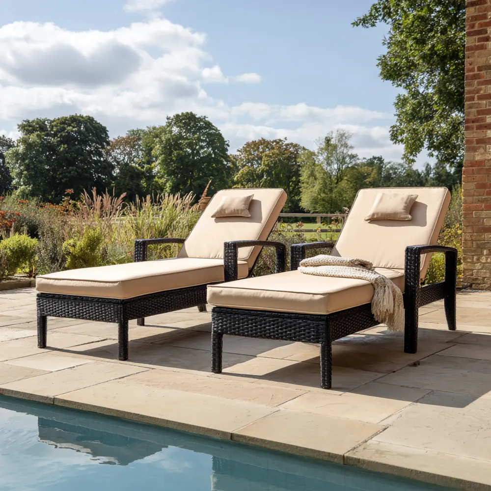 Gartenliege Polyrattan verstellbar mit Kissen 190x65x30 cm – Beige/Schwarz – Entspannungsdesign