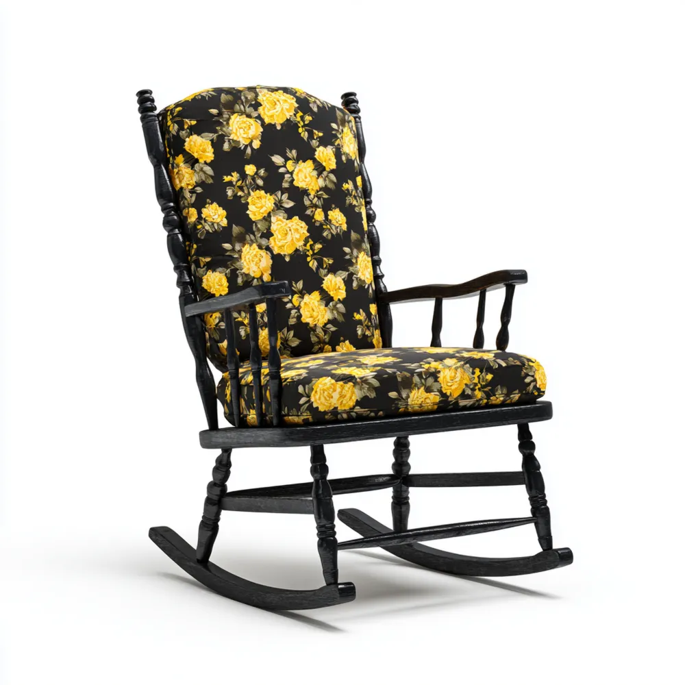 Fauteuil à bascule en bois et tissu imprimé floral 65x90x105 cm - Jaune et Noir - Design vintage