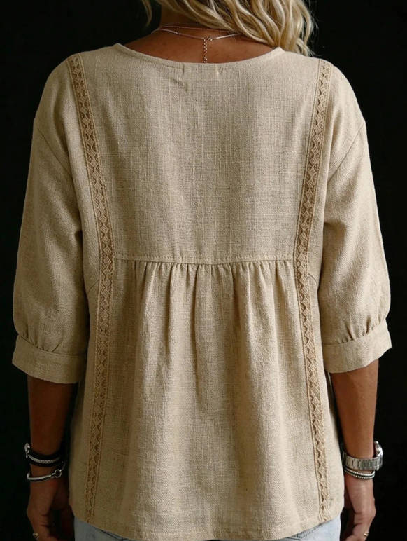 Spring Linen Solid Color V-neck Casual 3/4 Sleeve top
