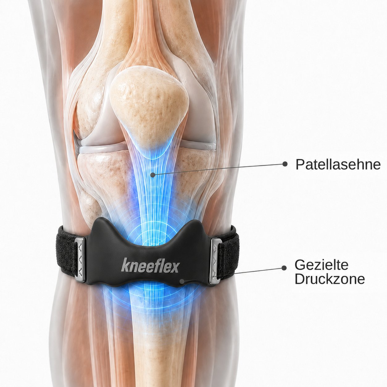 Anatomische 3D-Darstellung des Knies mit dem KneeFlex Patellaband direkt unterhalb der Kniescheibe