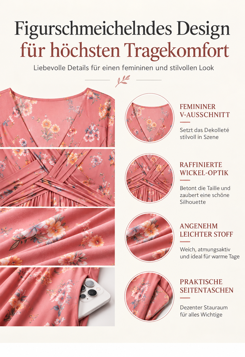 Florales V-Ausschnitt-Midikleid mit Taillendetail und Taschen