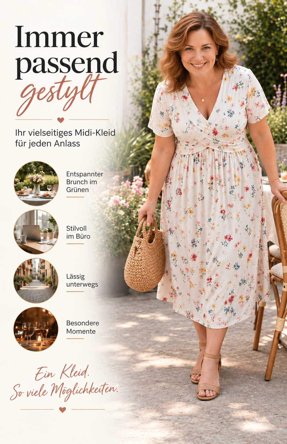 Florales V-Ausschnitt-Midikleid mit Taillendetail und Taschen