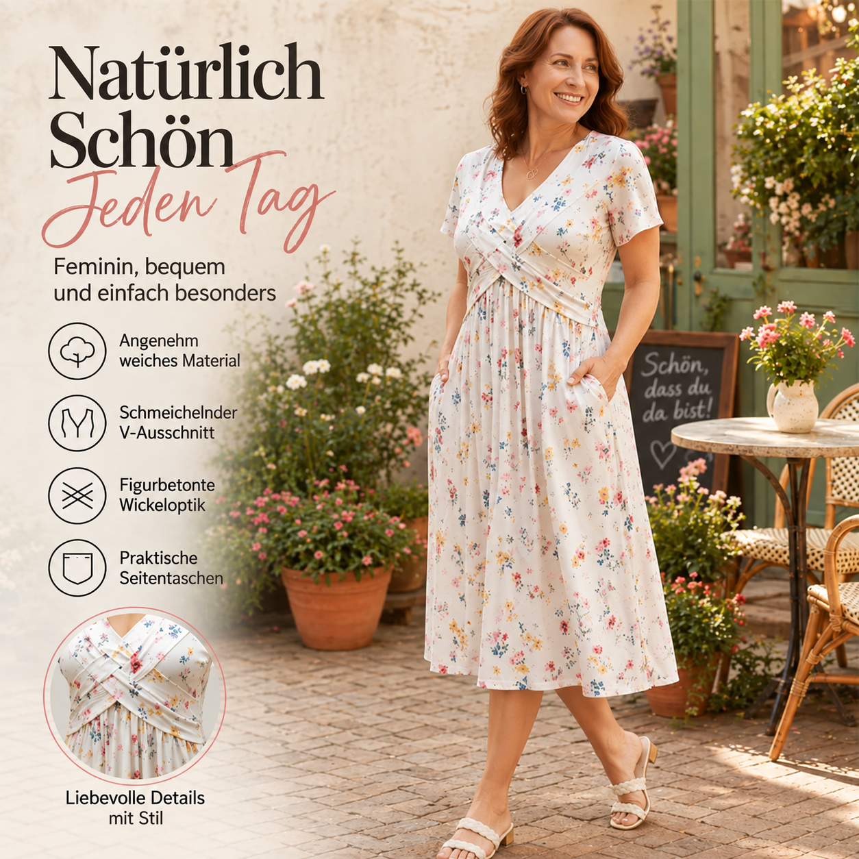 Florales V-Ausschnitt-Midikleid mit Taillendetail und Taschen