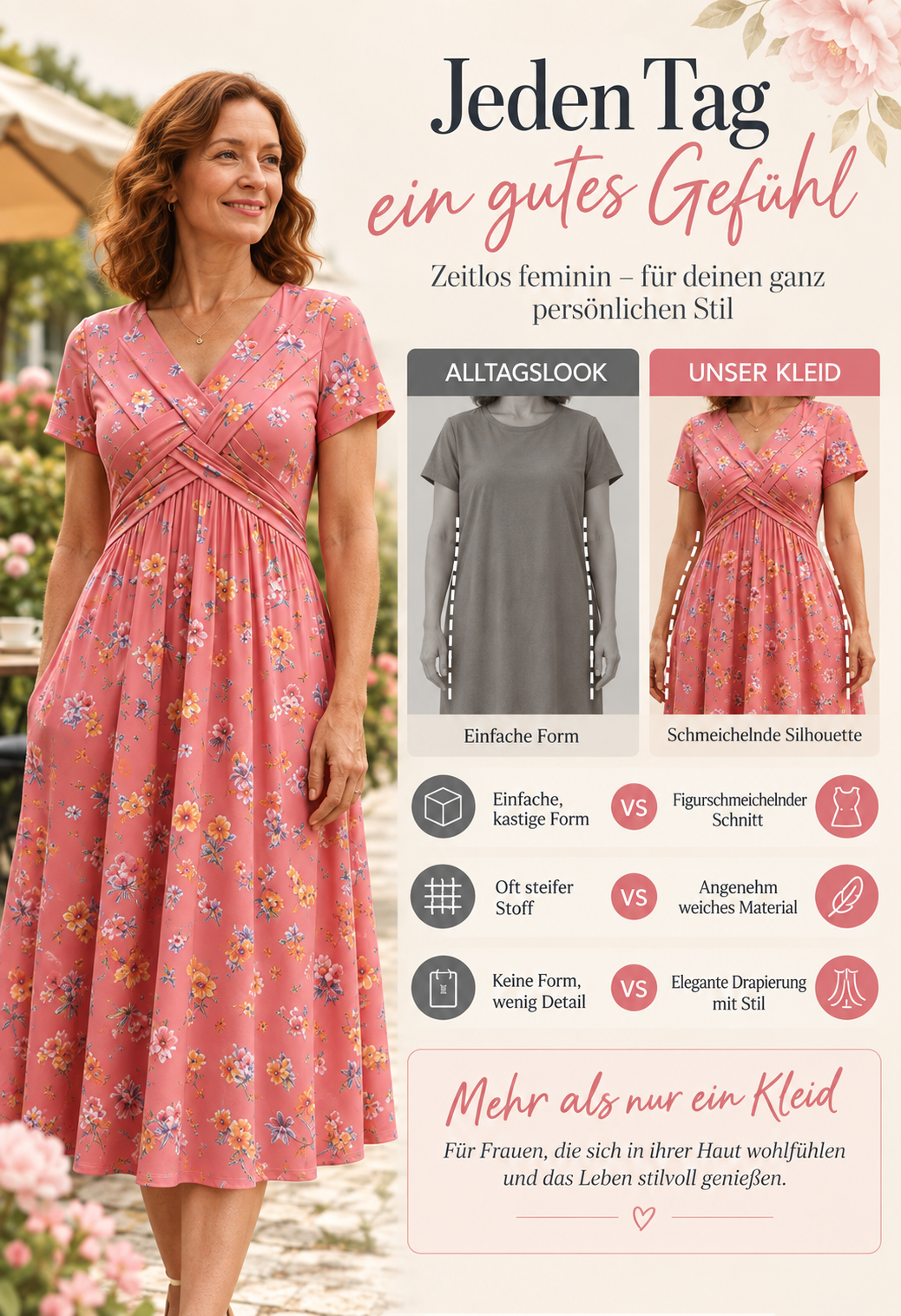 Florales V-Ausschnitt-Midikleid mit Taillendetail und Taschen