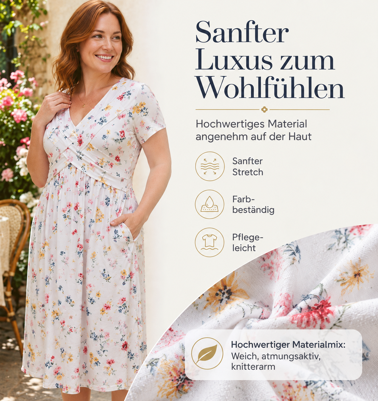 Florales V-Ausschnitt-Midikleid mit Taillendetail und Taschen