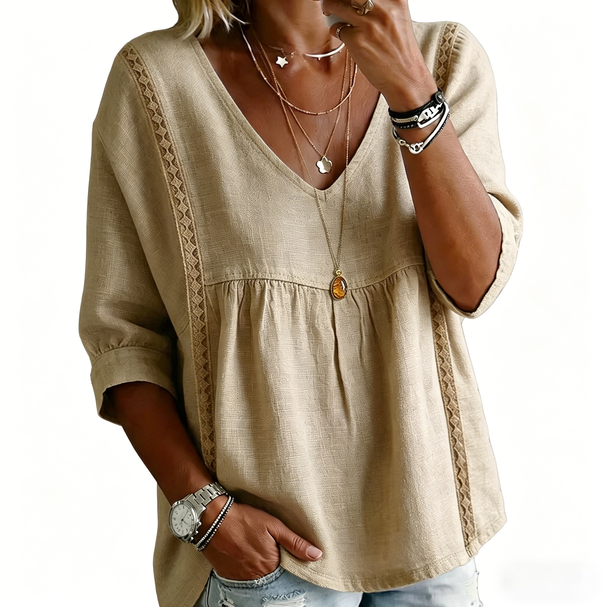 Spring Linen Solid Color V-neck Casual 3/4 Sleeve top
