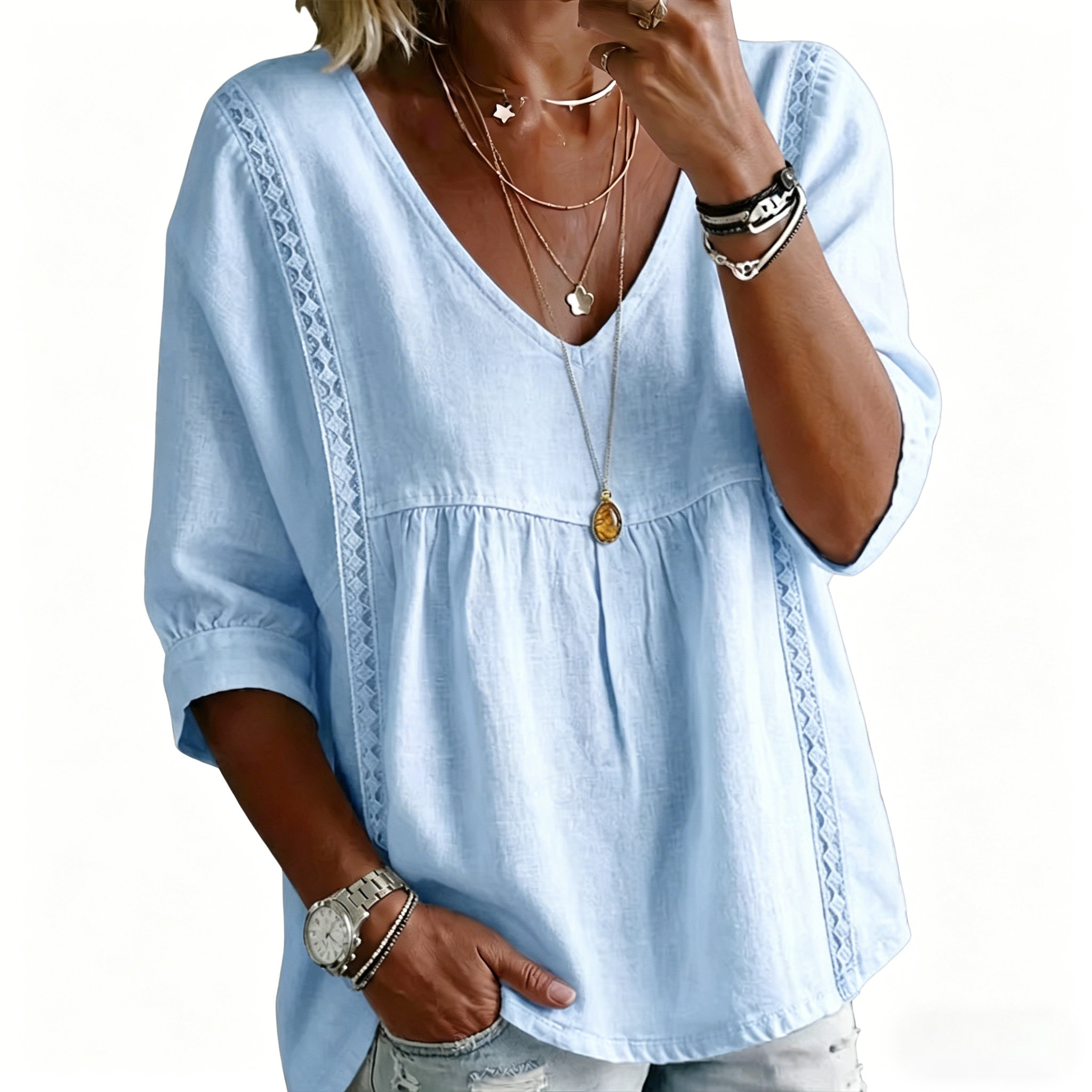 Spring Linen Solid Color V-neck Casual 3/4 Sleeve top