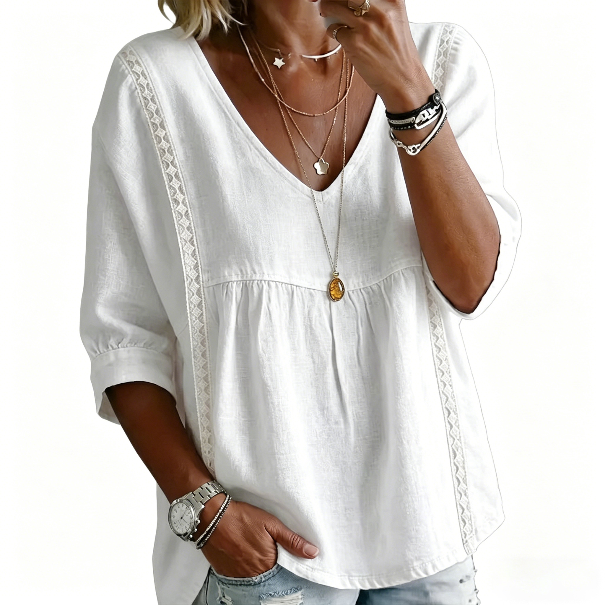 Spring Linen Solid Color V-neck Casual 3/4 Sleeve top