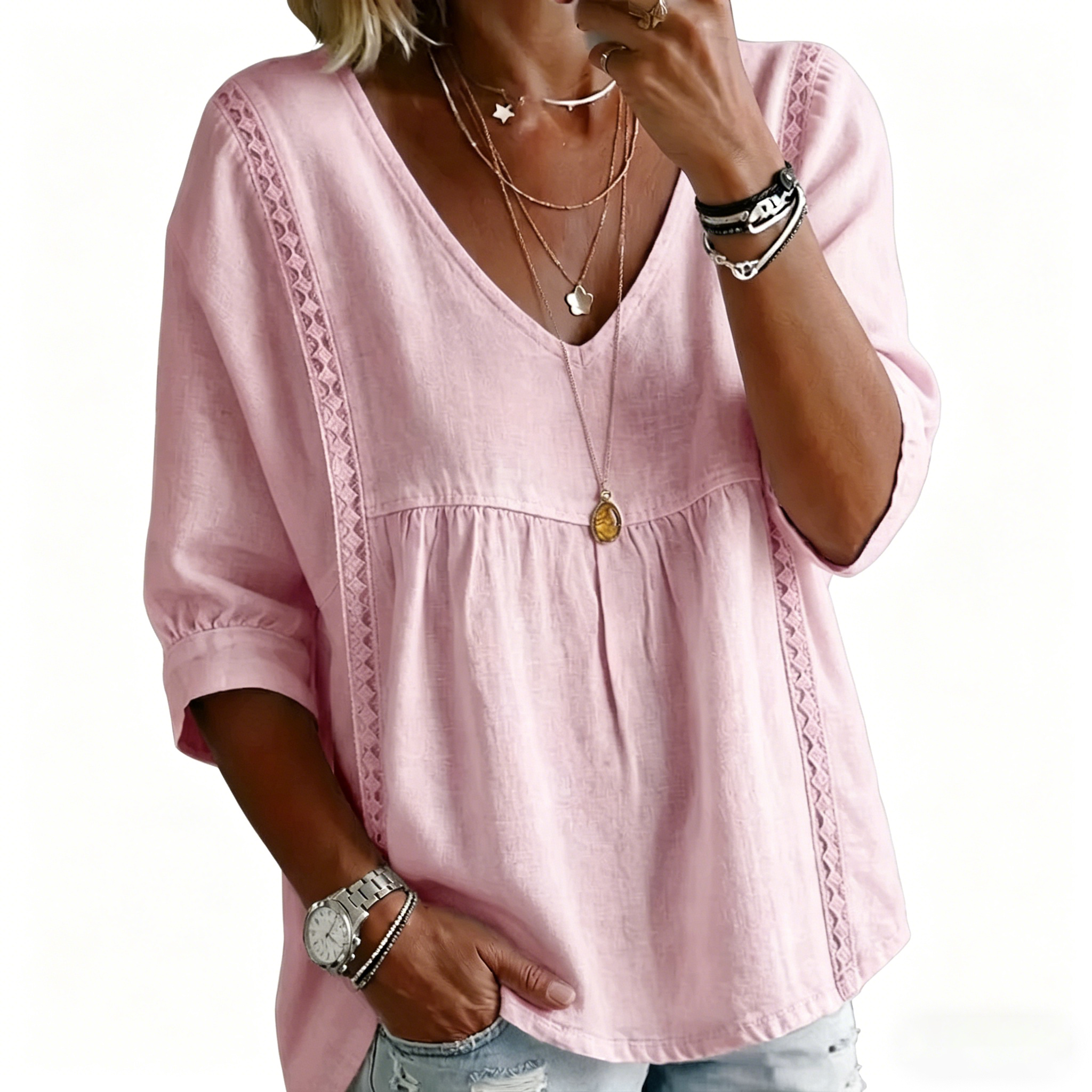Spring Linen Solid Color V-neck Casual 3/4 Sleeve top