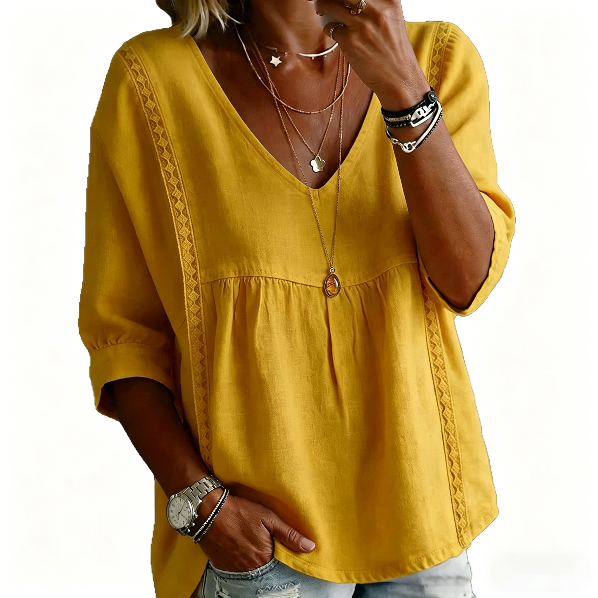 Spring Linen Solid Color V-neck Casual 3/4 Sleeve top
