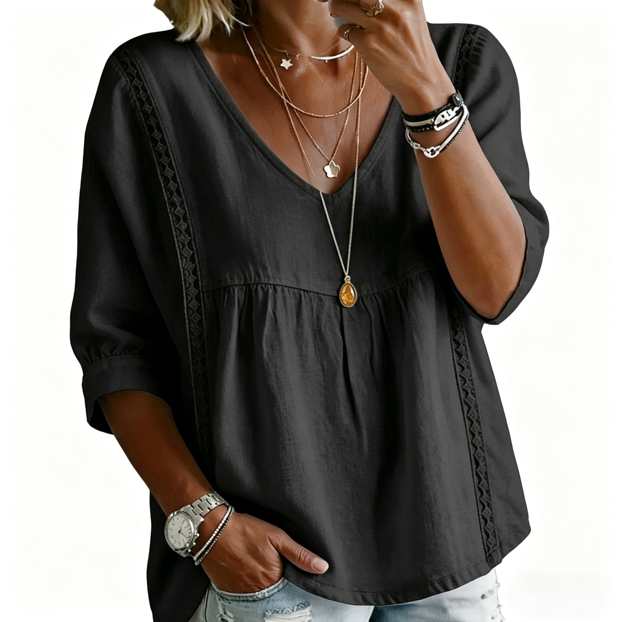 Spring Linen Solid Color V-neck Casual 3/4 Sleeve top