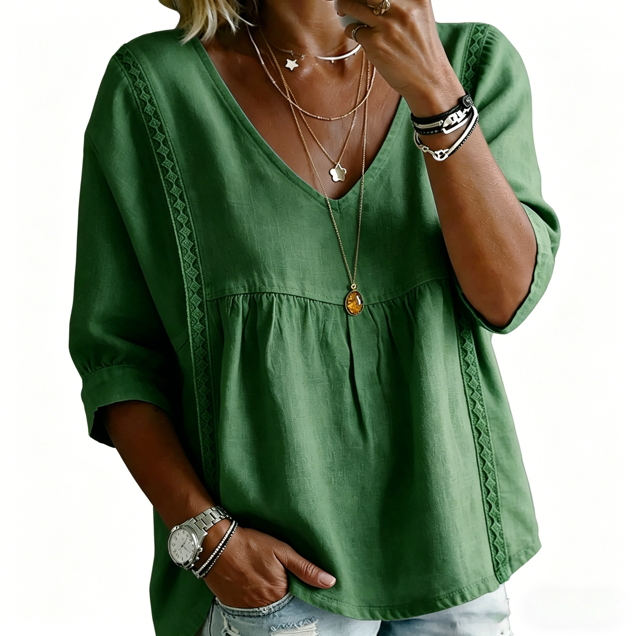 Spring Linen Solid Color V-neck Casual 3/4 Sleeve top