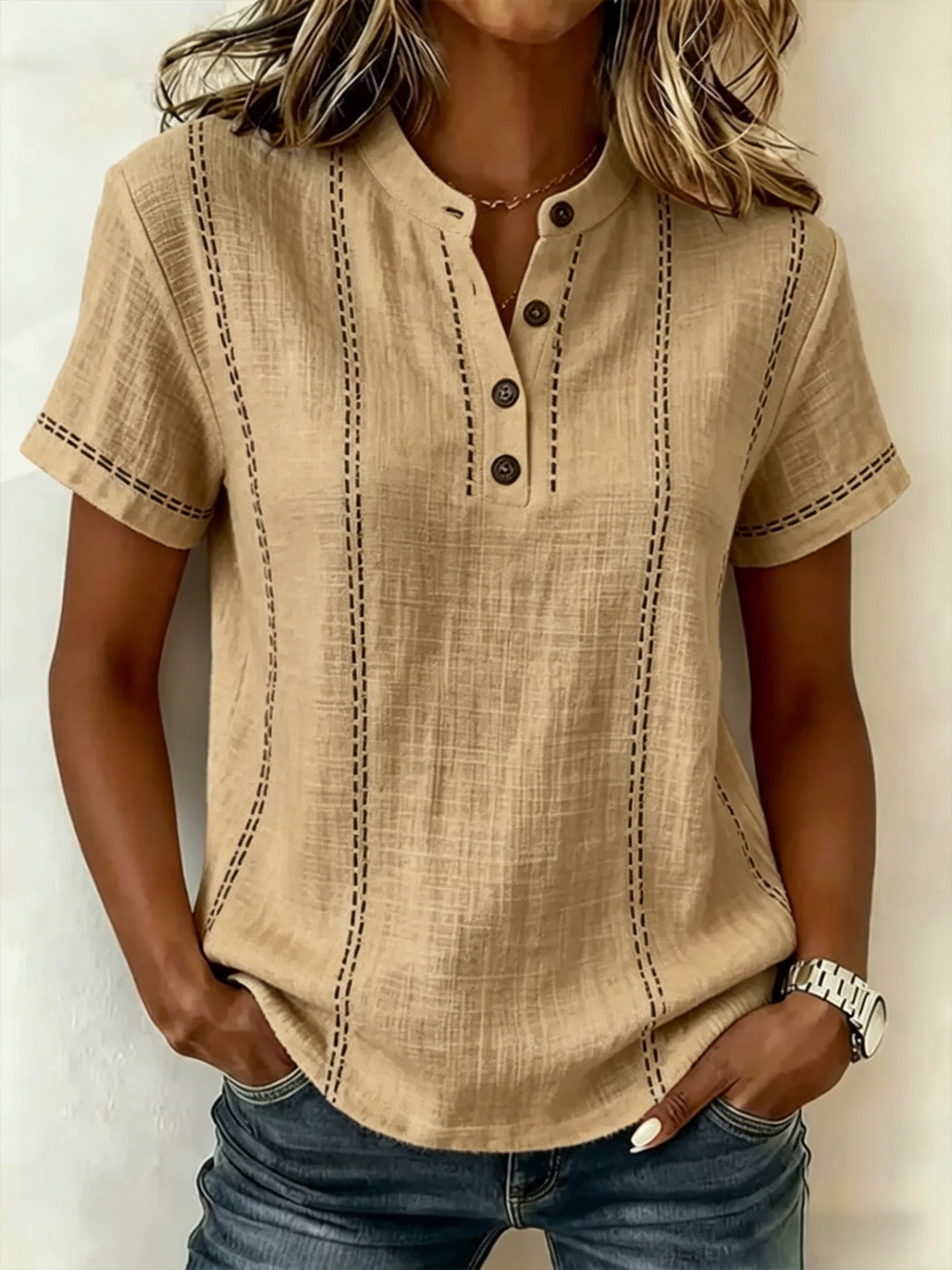 Women's V-neck Short-sleeve Casual Loose Cotton-linen Top