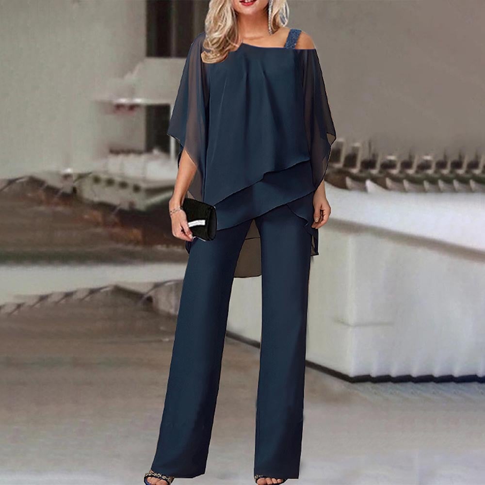 Elegant Layered Chiffon Top & Wide-Leg Pants Set