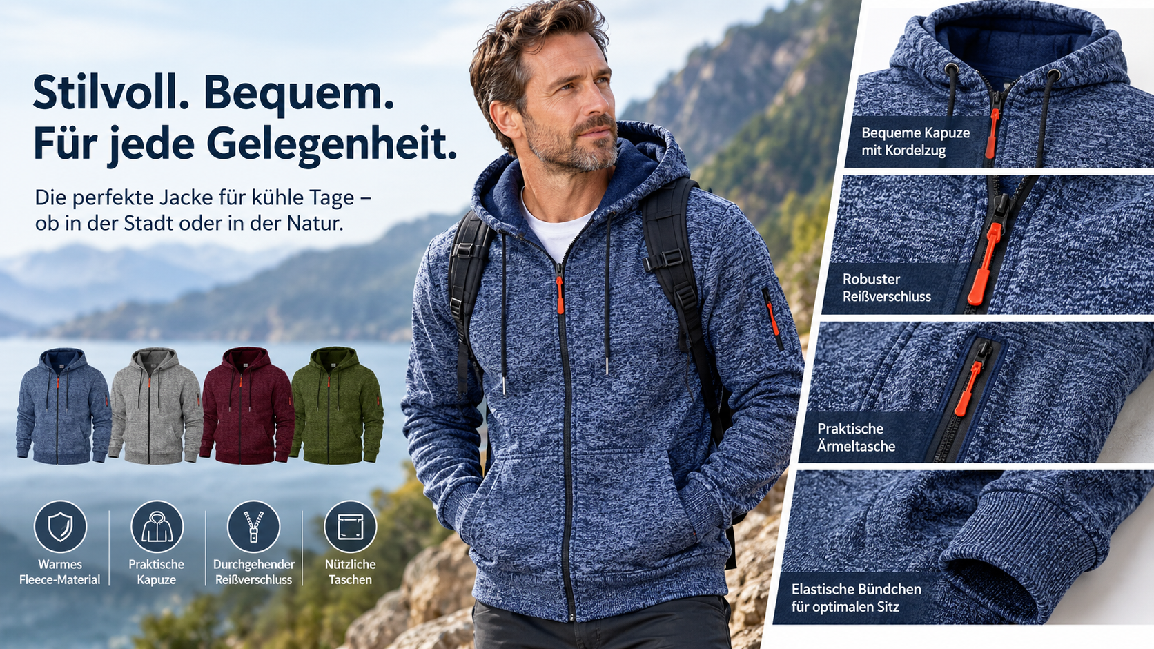 Herrwert Herren Fleecejacke mit Kapuze und Rei&szlig;verschluss in Blau