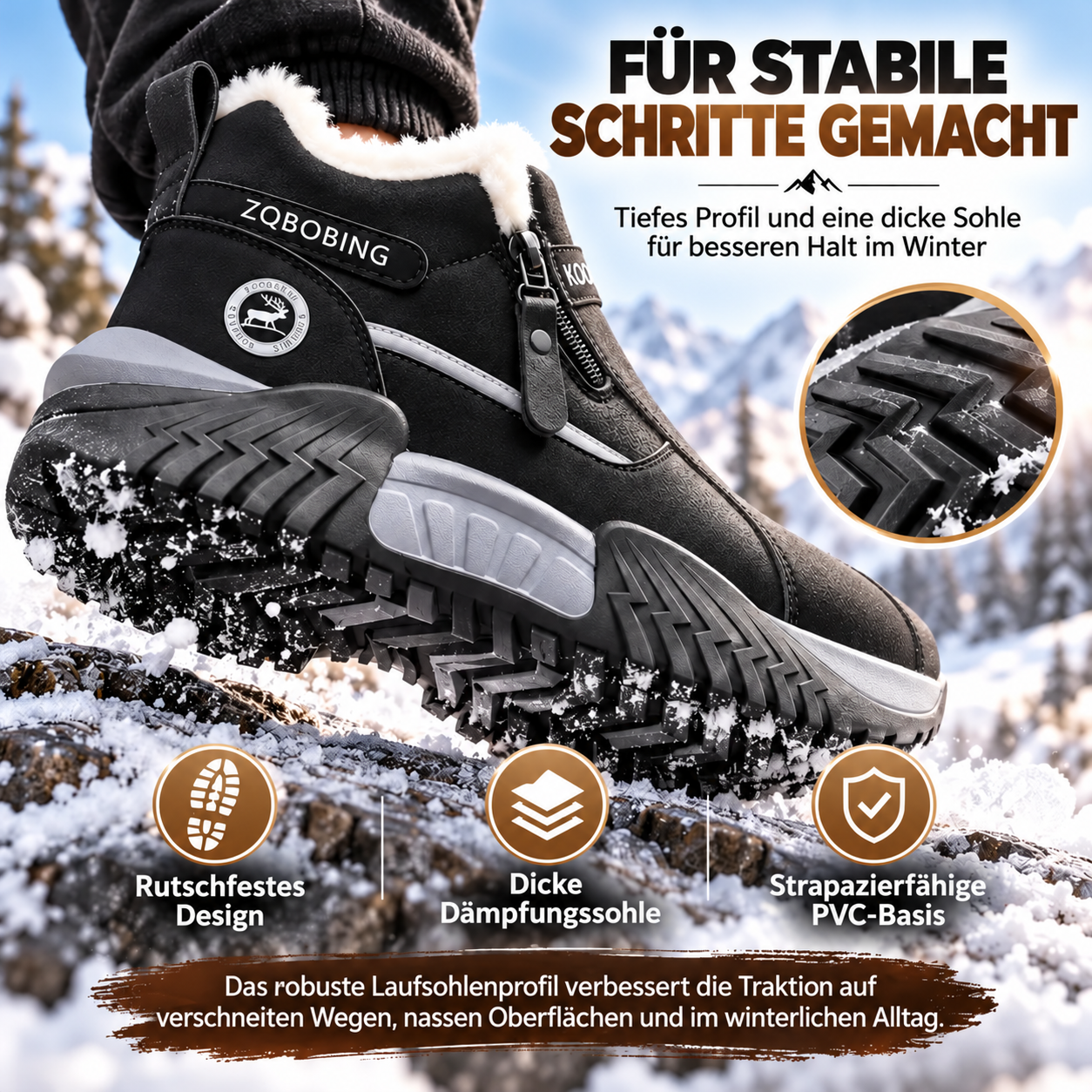 Warm Fleece Winter Snow Boots with Side Zip | Anti-Slip Outdoor Ankle Shoes