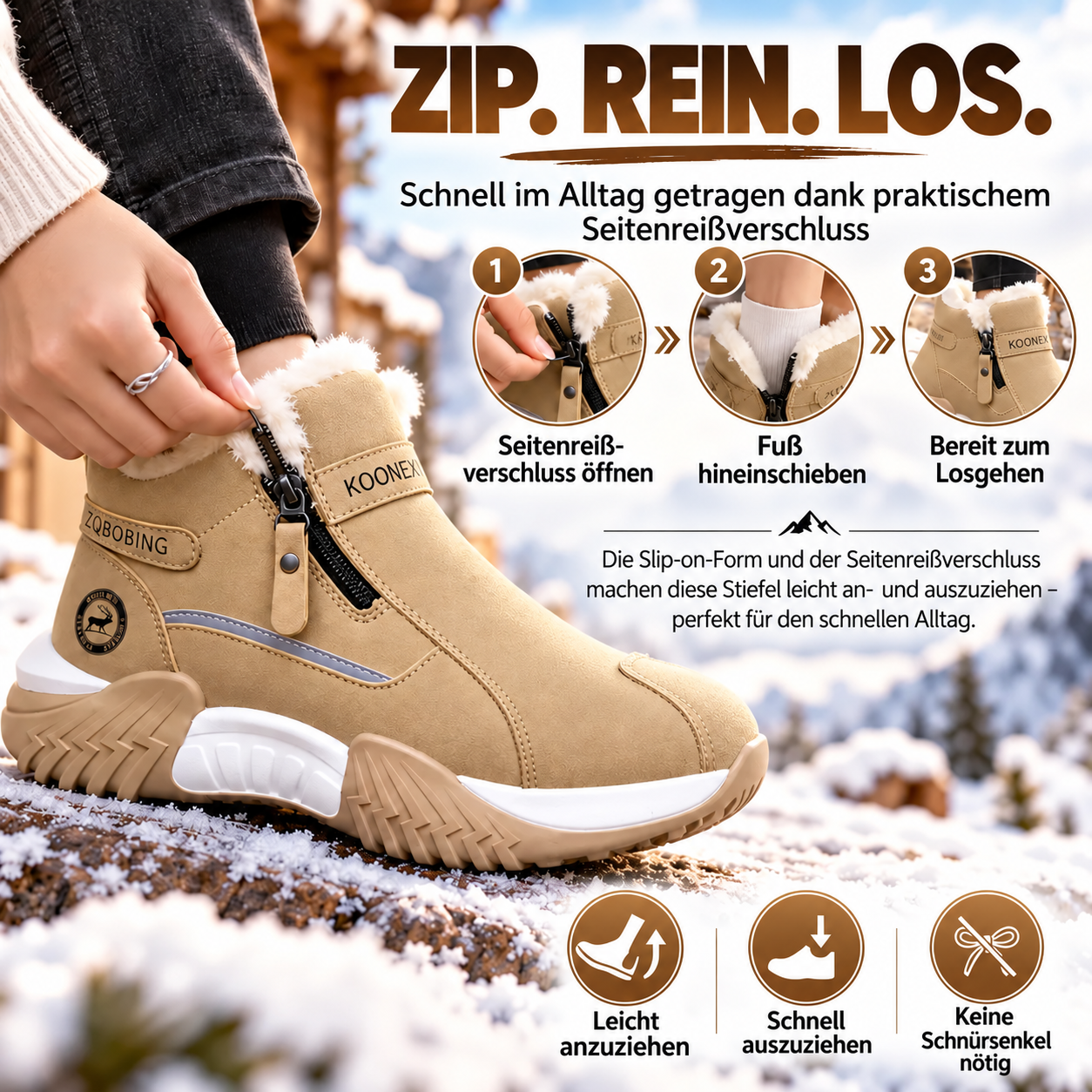 Warm Fleece Winter Snow Boots with Side Zip | Anti-Slip Outdoor Ankle Shoes